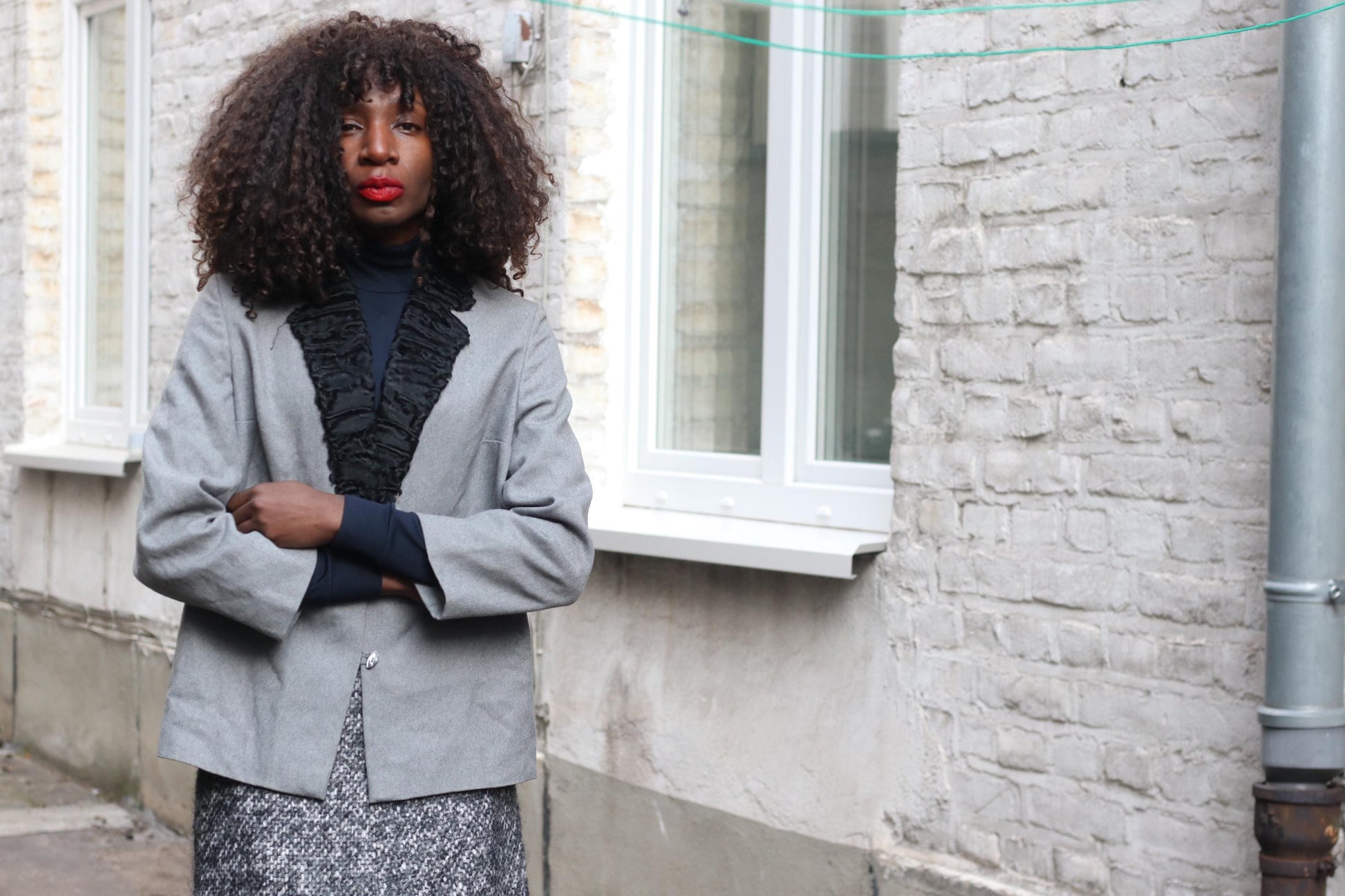 Vintage Grey Blazer | 60s Black Ruffle Collar Jacket | Women's Evening Power Suit Coat