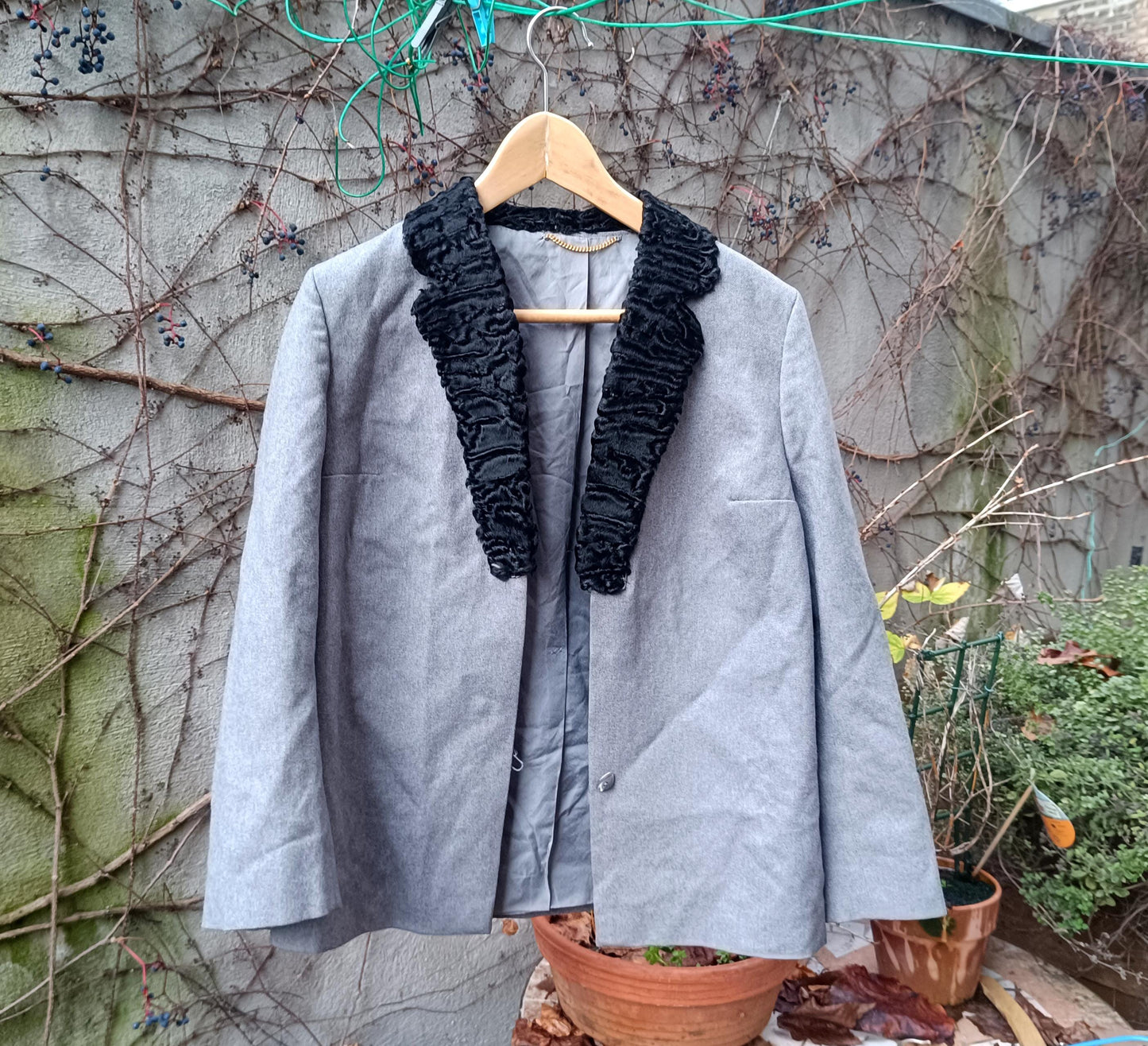 Vintage Grey Blazer | 60s Black Ruffle Collar Jacket | Women's Evening Power Suit Coat