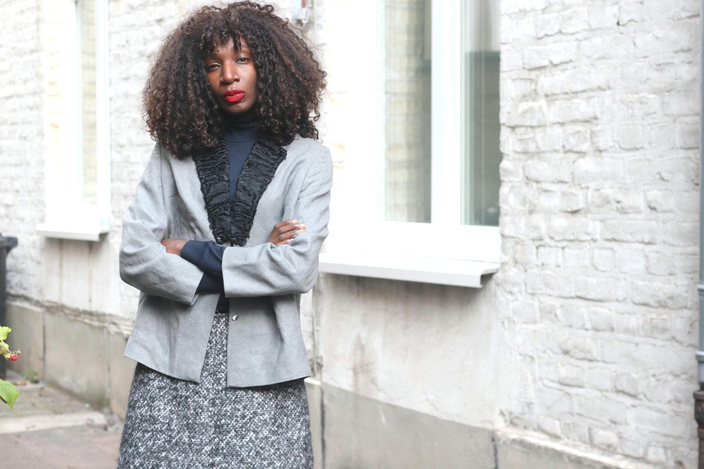 Vintage Grey Blazer | 60s Black Ruffle Collar Jacket | Women's Evening Power Suit Coat