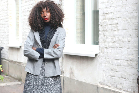 Vintage Grey Blazer | 60s Black Ruffle Collar Jacket | Women's Evening Power Suit Coat