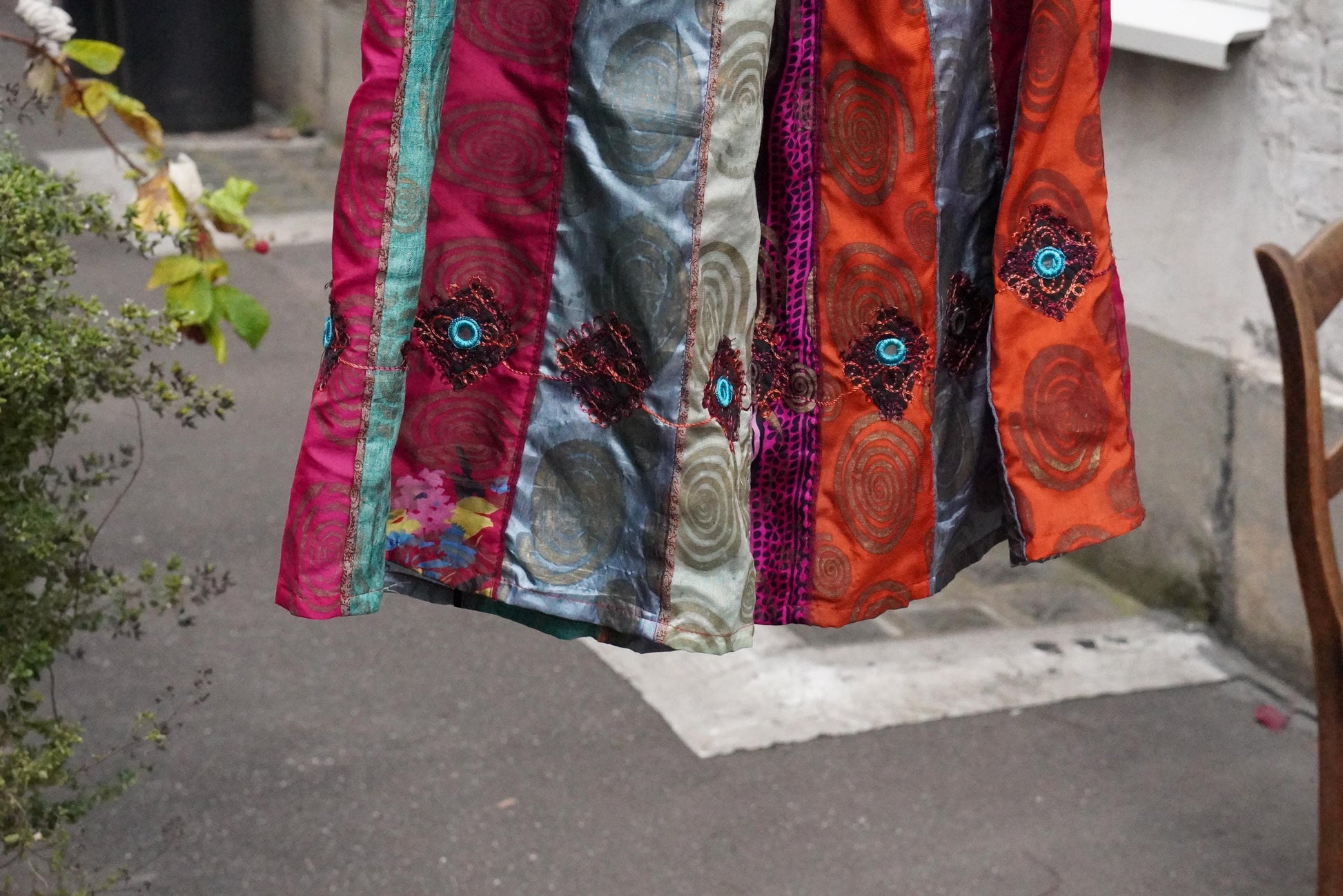 Vintage Silk Paneled Midi Skirt| 90s Boho Handcrafted Colorful Patchwork Skirt