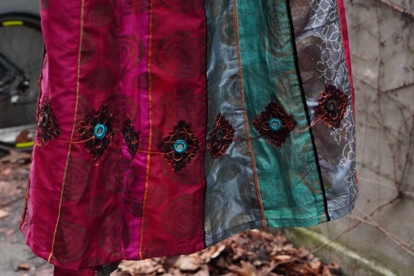 Vintage Silk Paneled Midi Skirt| 90s Boho Handcrafted Colorful Patchwork Skirt