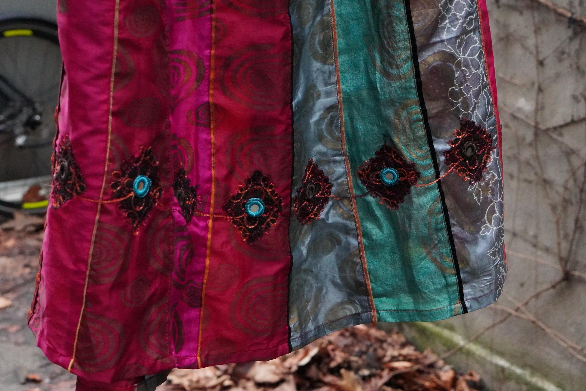 Vintage Silk Paneled Midi Skirt| 90s Boho Handcrafted Colorful Patchwork Skirt