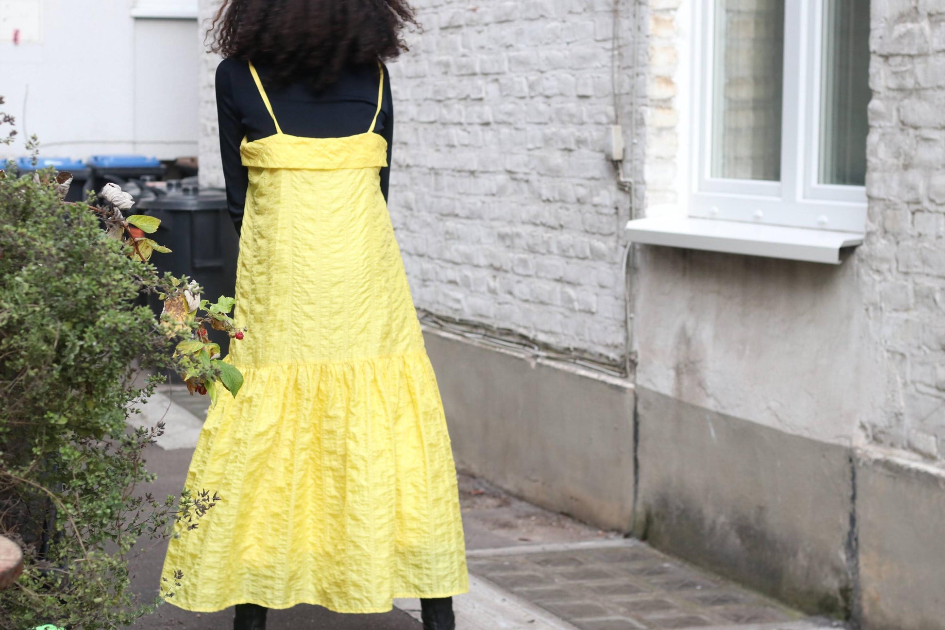 Vintage Bright Yellow Crinkle Maxi Dress Tiered Ruffle A-Line Slip S/M