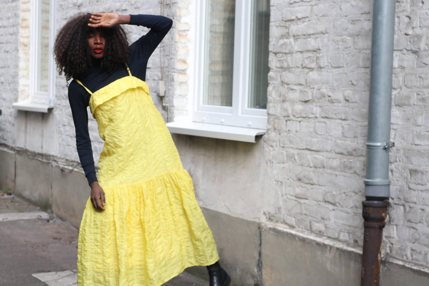 Vintage Bright Yellow Crinkle Maxi Dress Tiered Ruffle A-Line Slip S/M