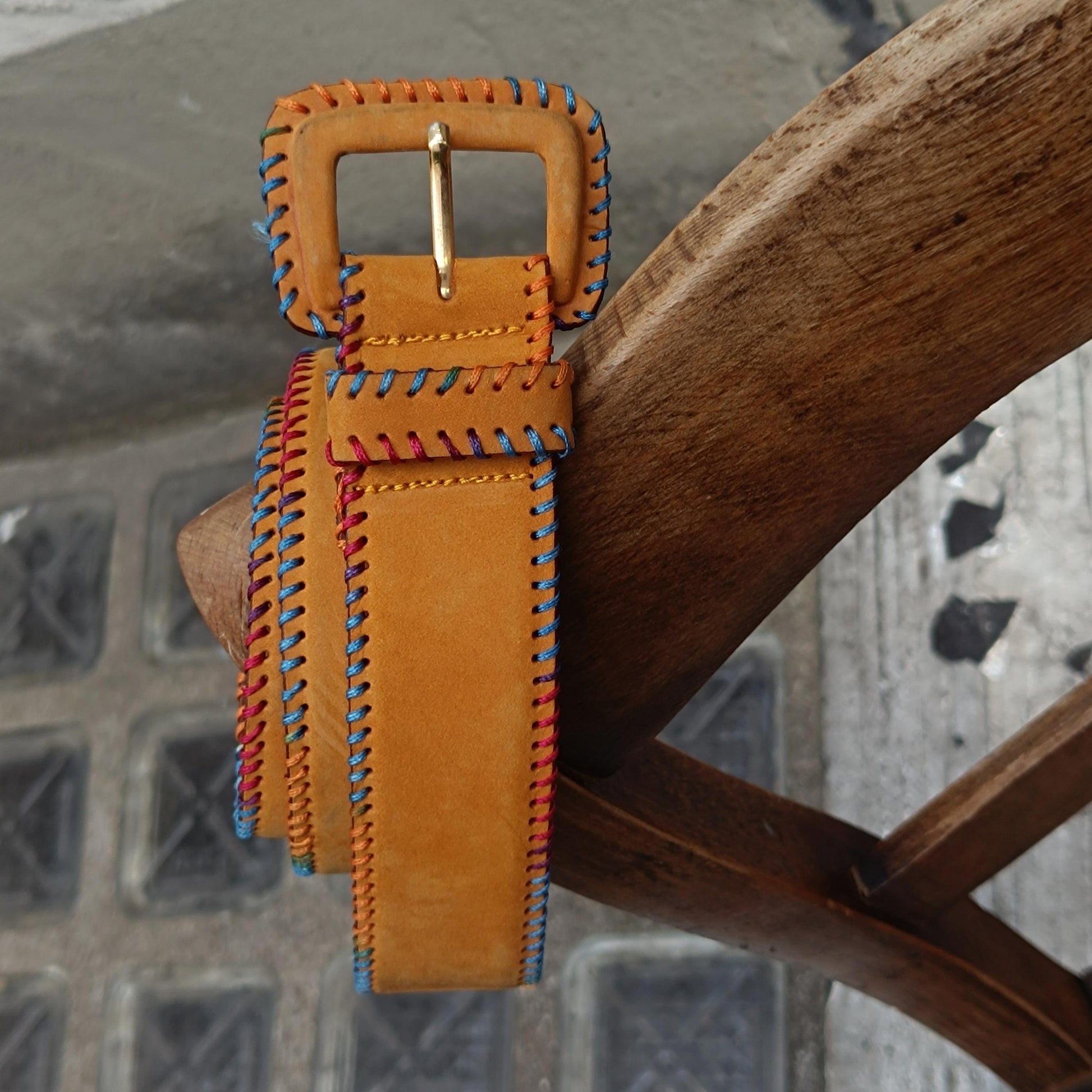Vintage Mustard Yellow Suede Belt Colorful Whipstitch Embroidery Boho Leather Waist Belt