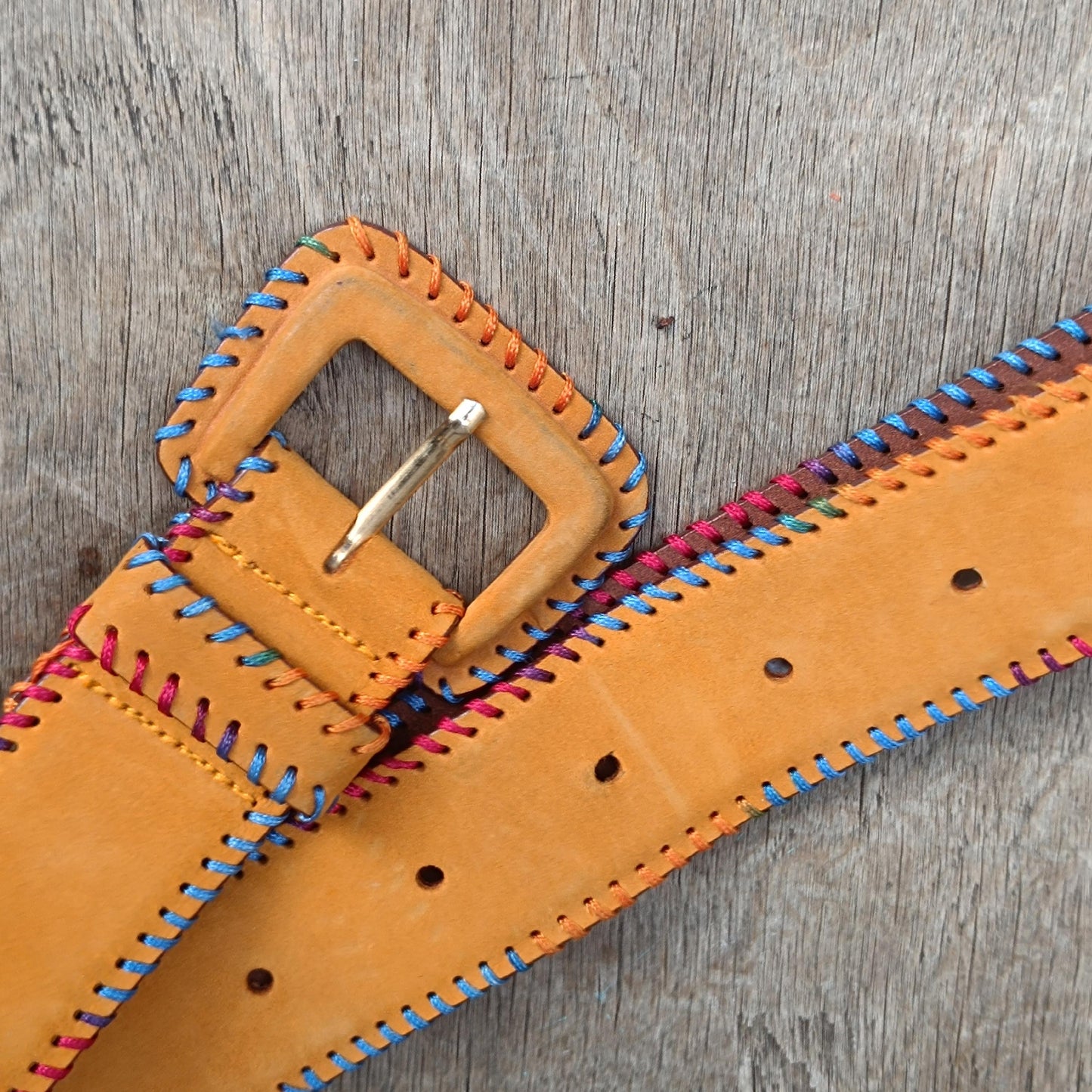 Vintage Mustard Yellow Suede Belt Colorful Whipstitch Embroidery Boho Leather Waist Belt