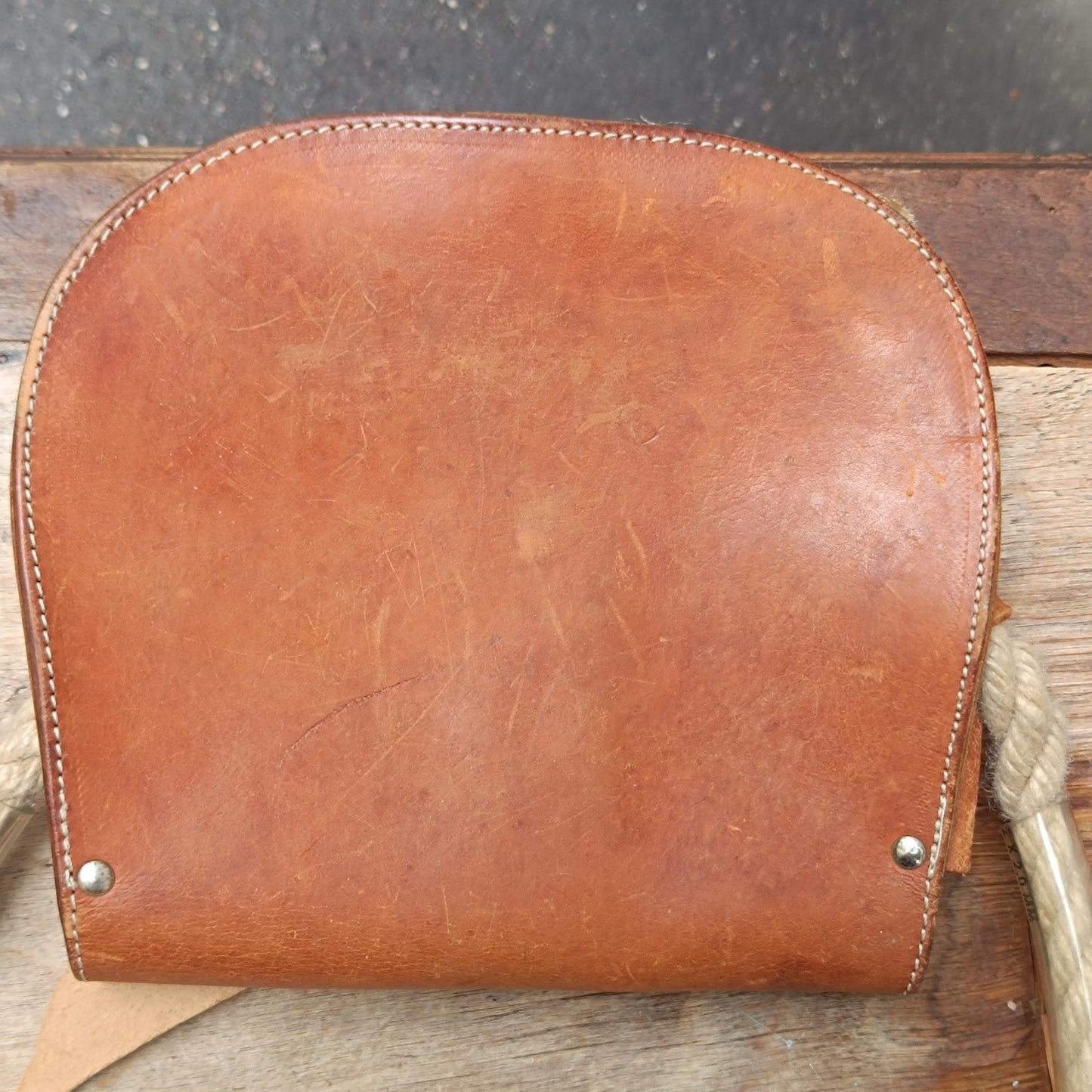 Vintage Sculptural Tan Leather Saddle Bag Rope Detail Wooden Wing Appliqué Boho