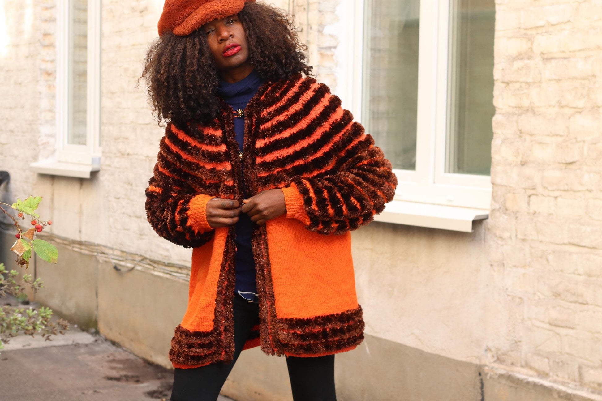 Vintage Orange Brown Striped Cardigan| Faux Fur Texture Chunky Knit Sweater Coat
