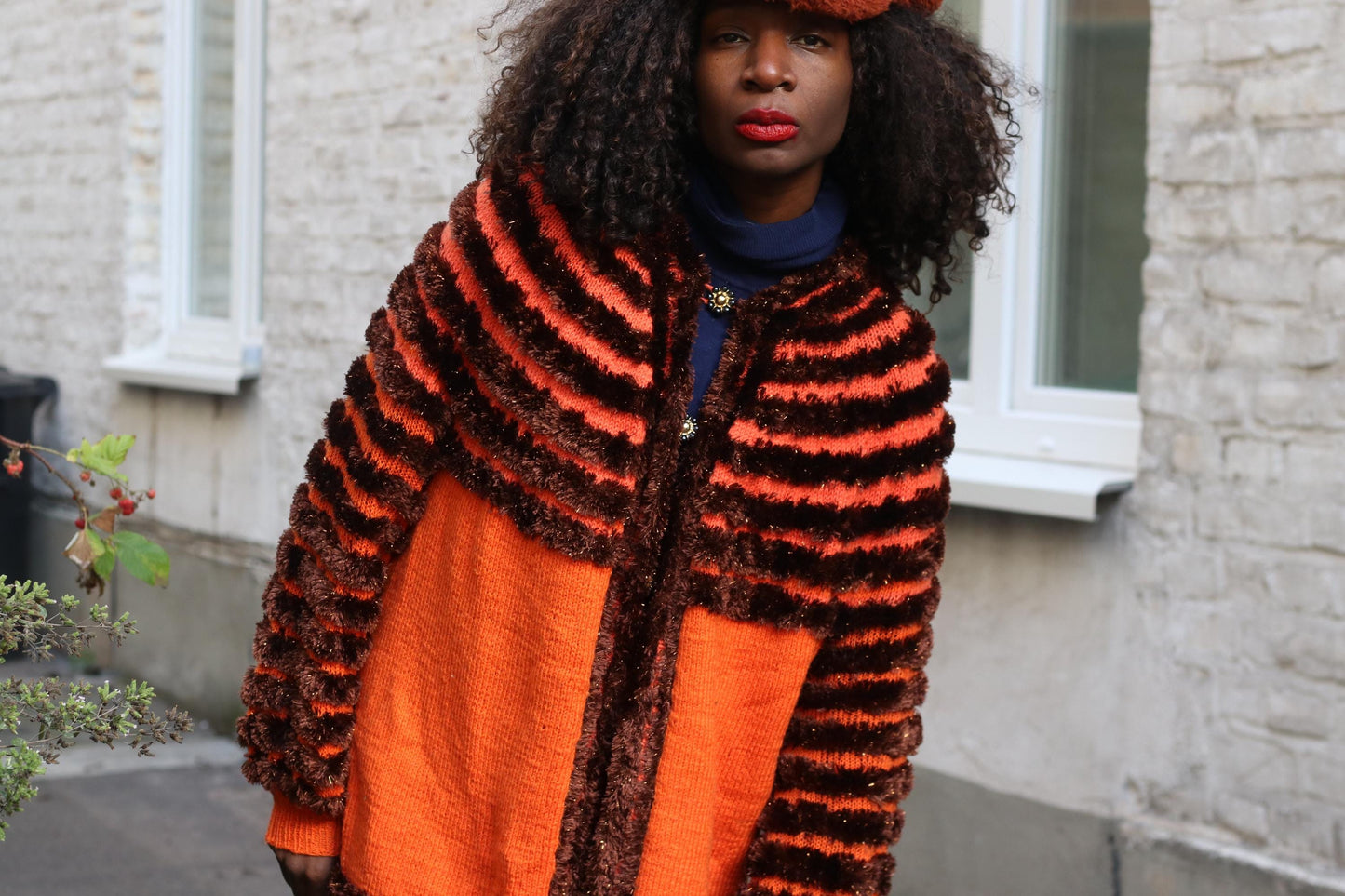 Vintage Orange Brown Striped Cardigan| Faux Fur Texture Chunky Knit Sweater Coat