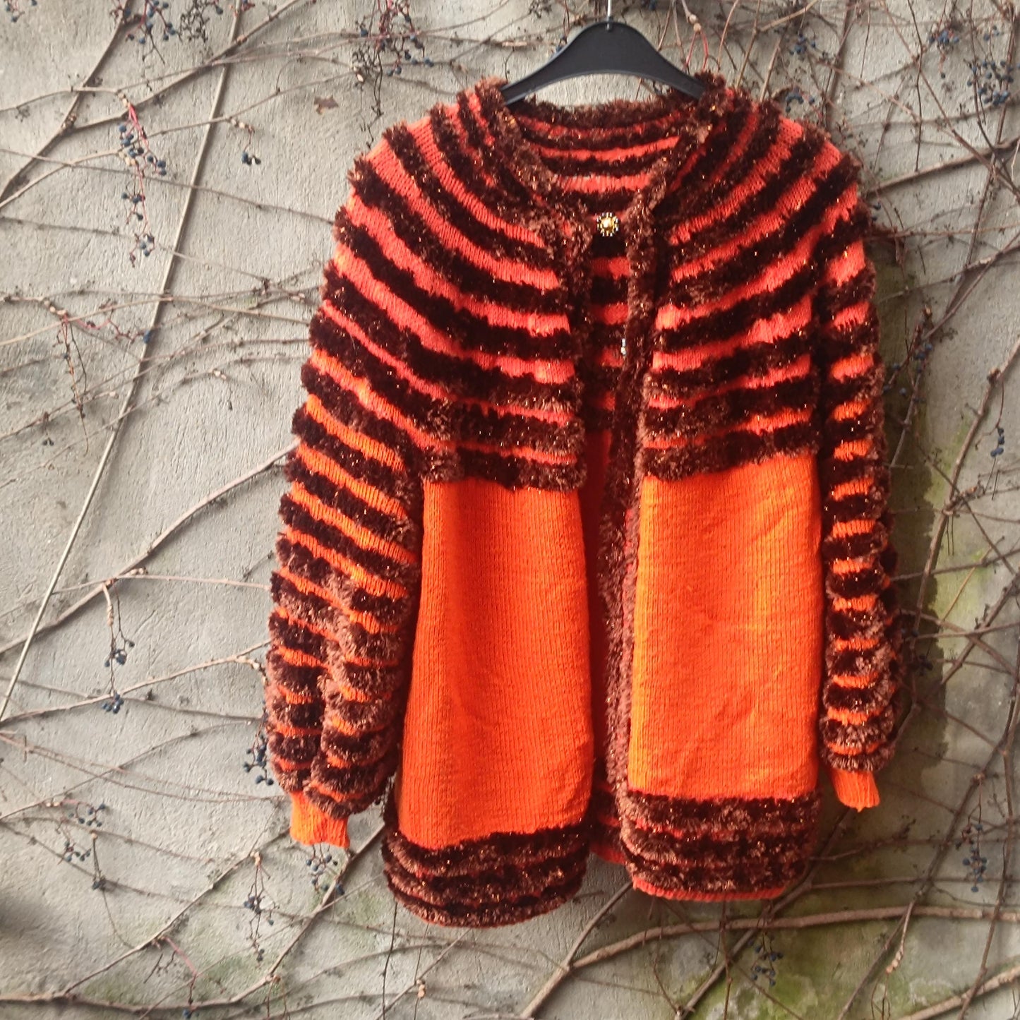 Vintage Orange Brown Striped Cardigan| Faux Fur Texture Chunky Knit Sweater Coat