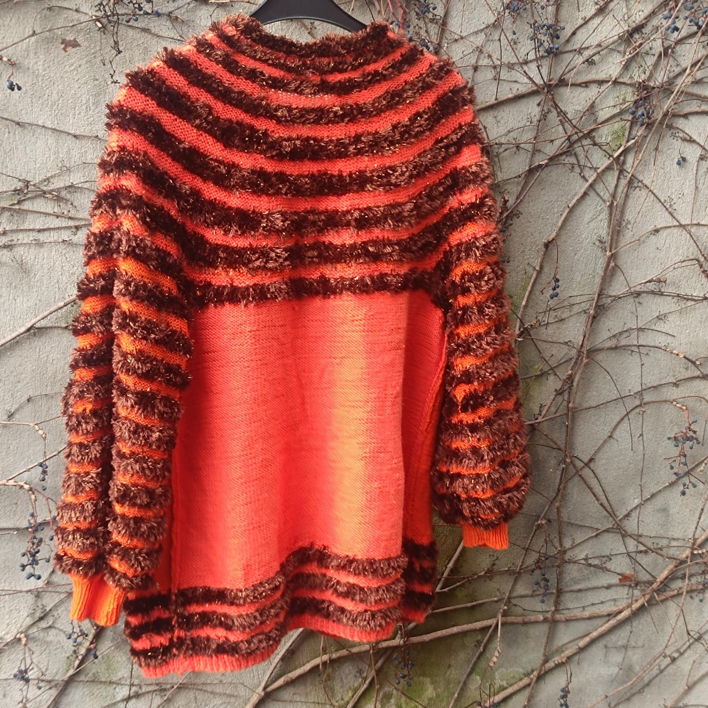 Vintage Orange Brown Striped Cardigan| Faux Fur Texture Chunky Knit Sweater Coat