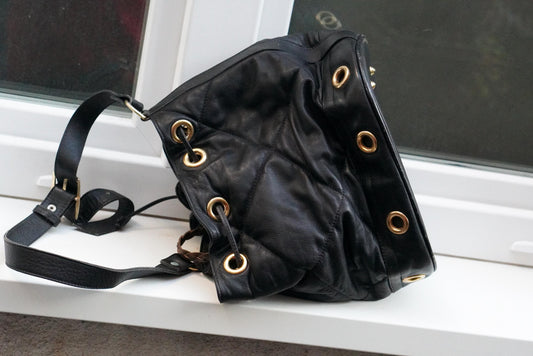 Vintage Quilted Black Leather Bucket Bag Made in Italy Gold Grommet Drawstring