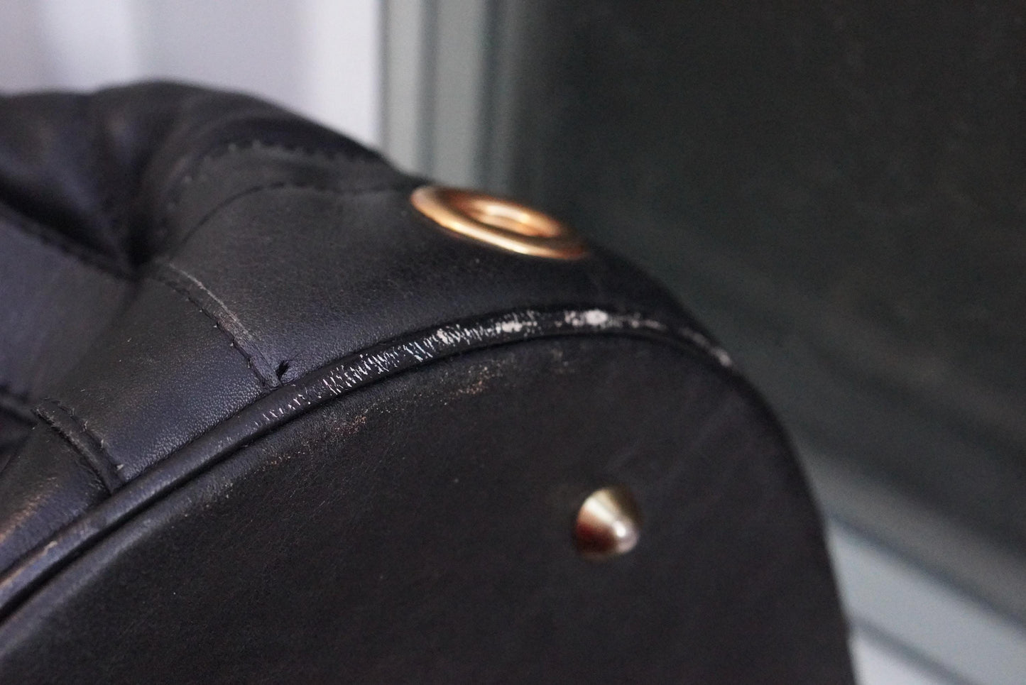 Vintage Quilted Black Leather Bucket Bag Made in Italy Gold Grommet Drawstring