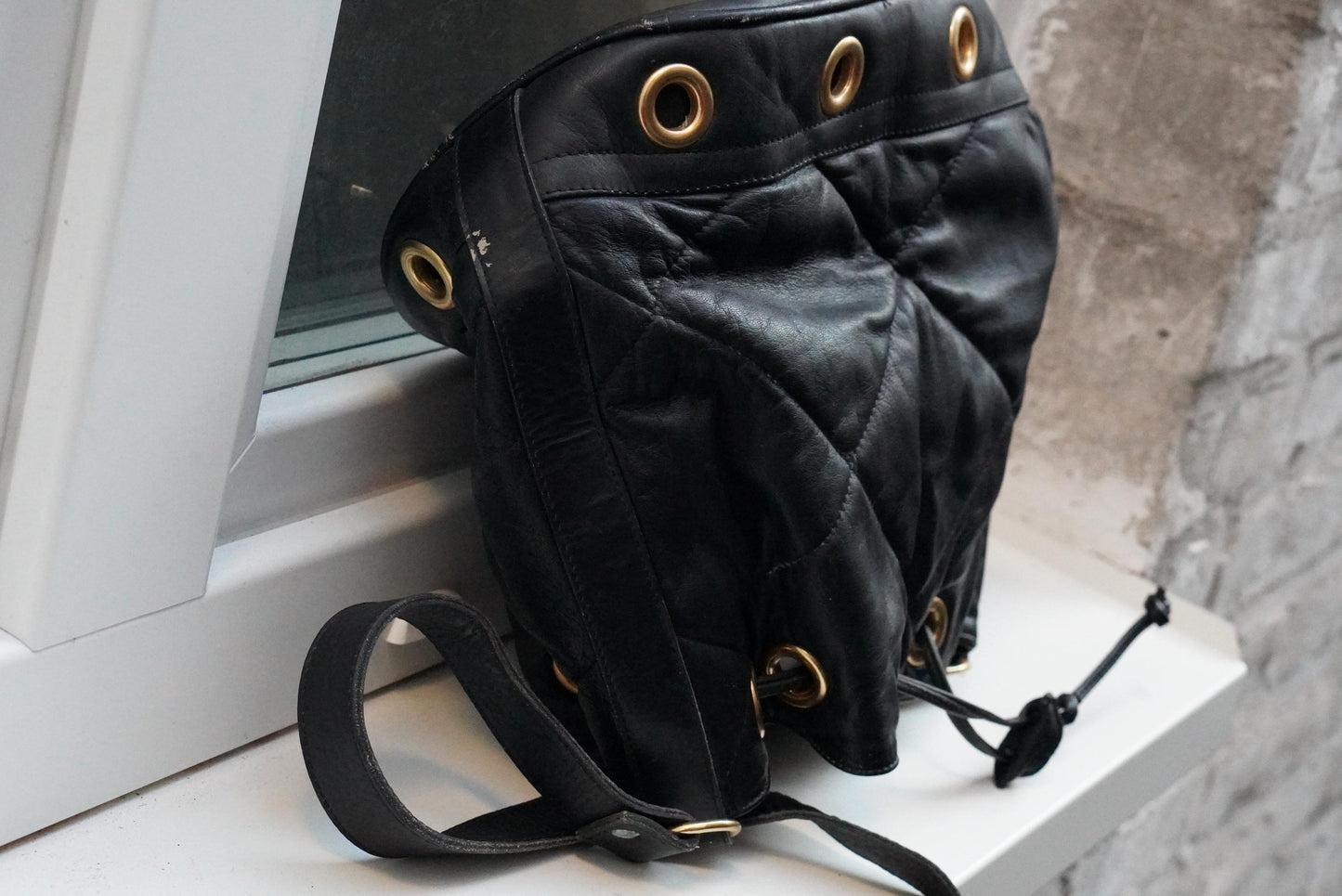 Vintage Quilted Black Leather Bucket Bag Made in Italy Gold Grommet Drawstring