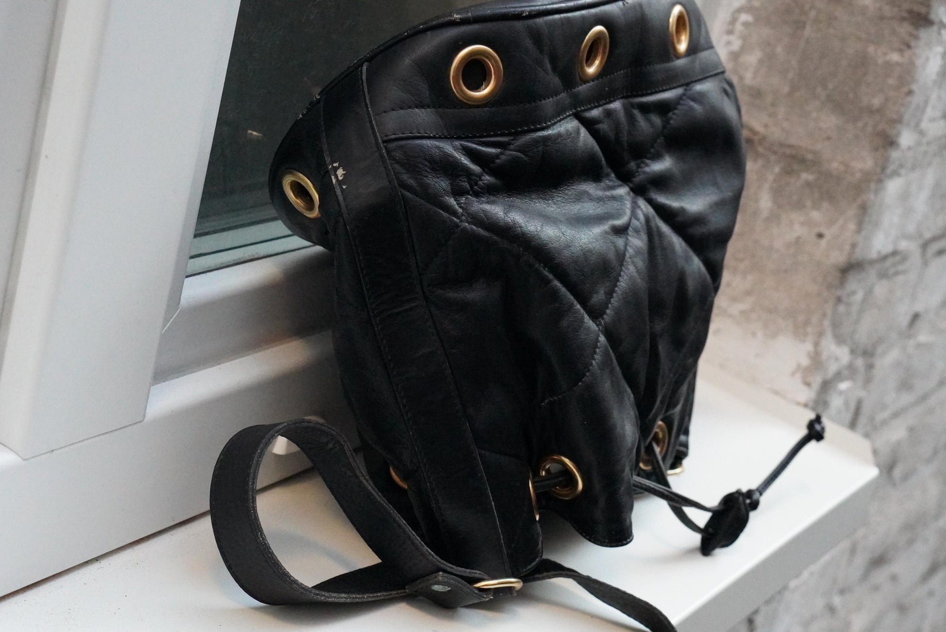 Vintage Quilted Black Leather Bucket Bag Made in Italy Gold Grommet Drawstring