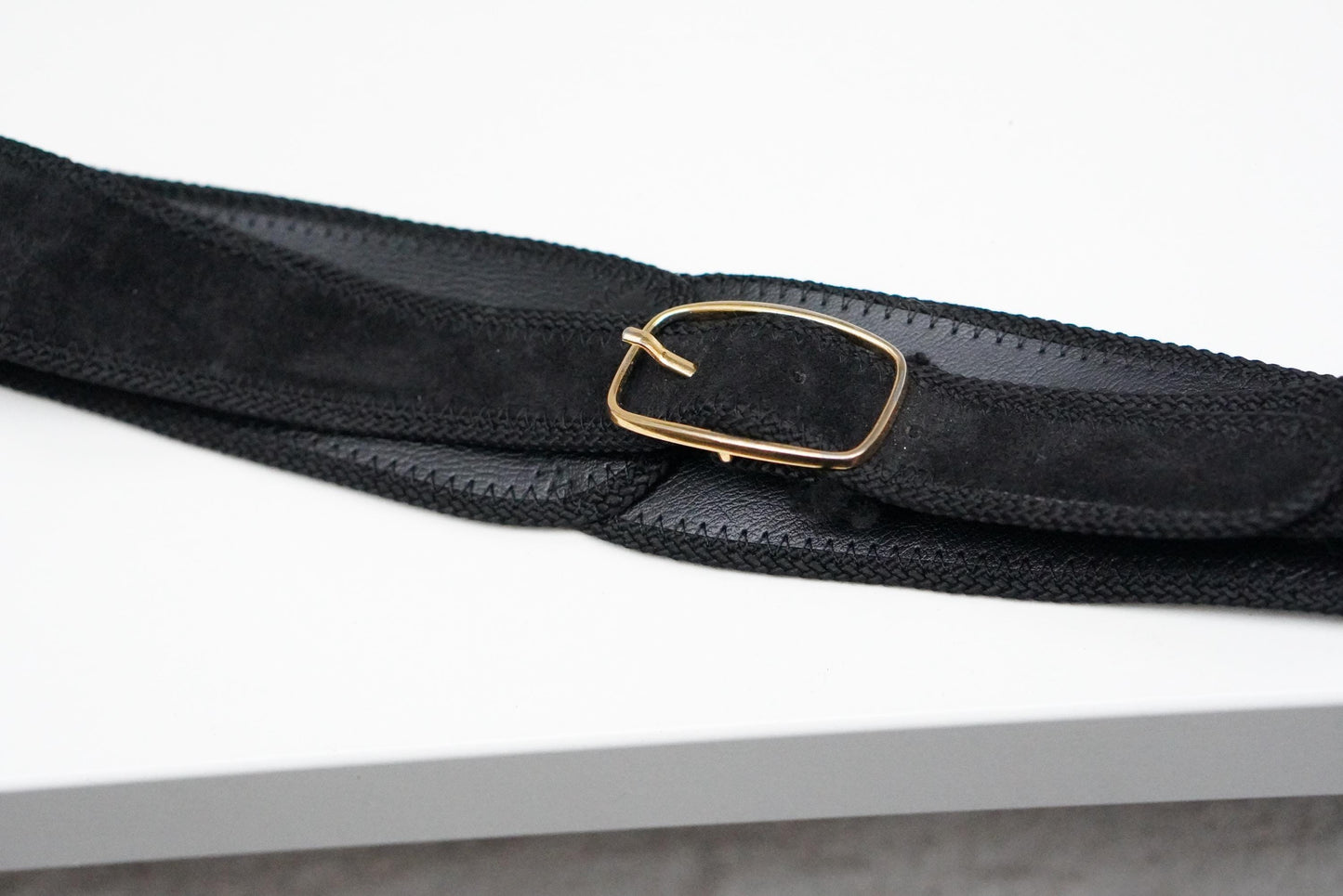 Vintage Black Suede Waist Belt Gold Buckle French Leather Croute Velours 75/30