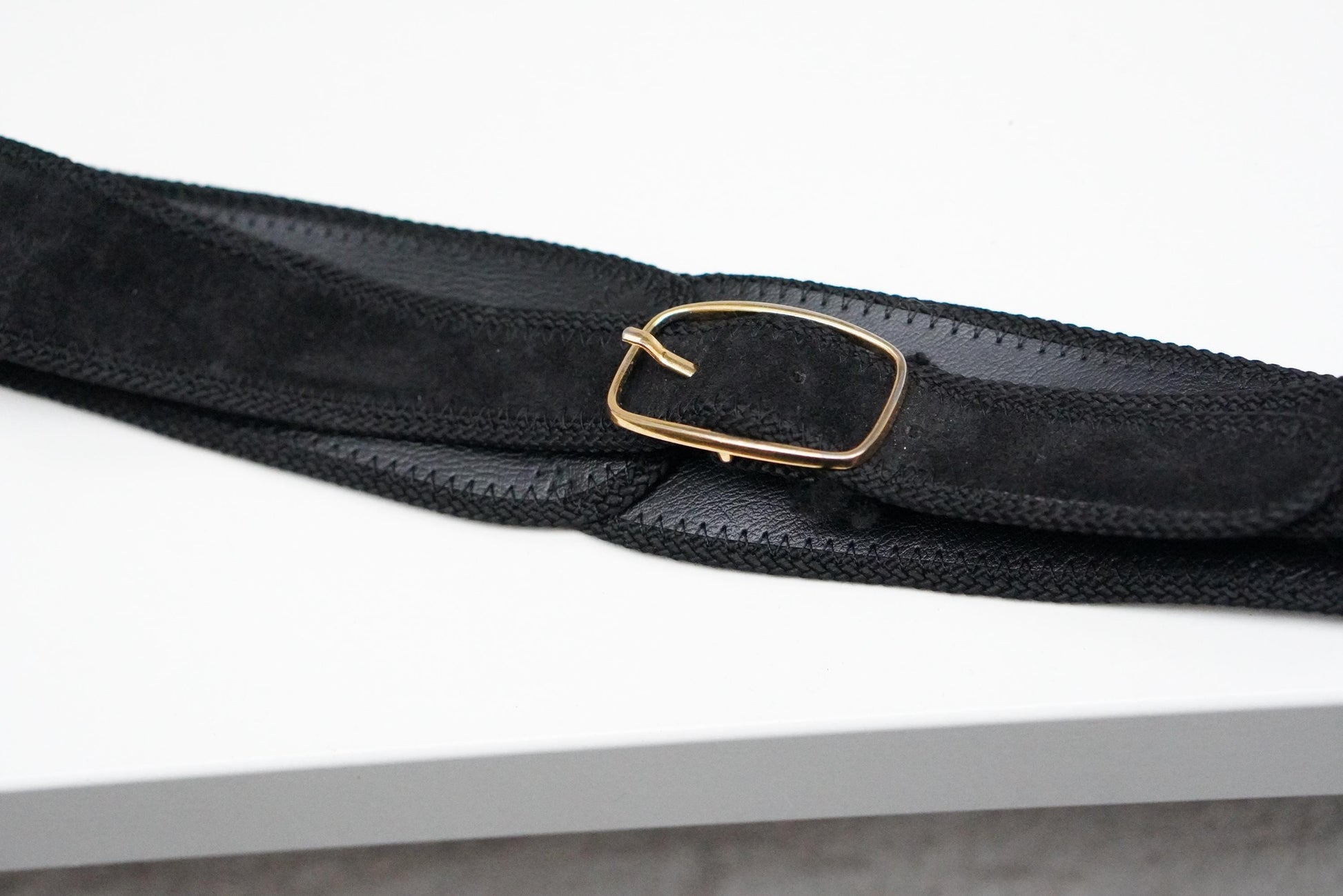 Vintage Black Suede Waist Belt Gold Buckle French Leather Croute Velours 75/30