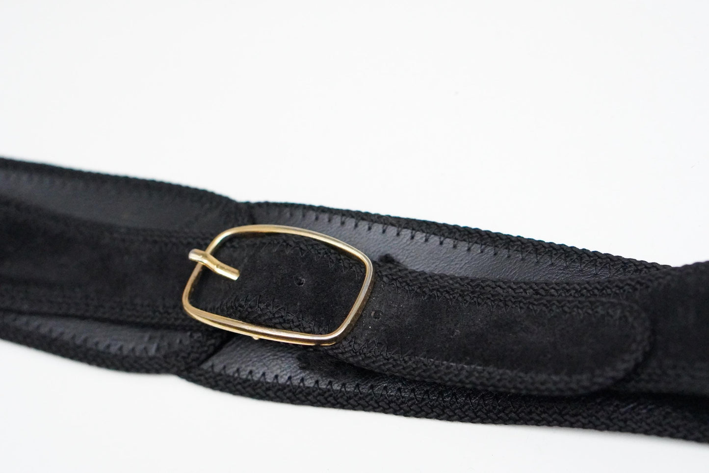 Vintage Black Suede Waist Belt Gold Buckle French Leather Croute Velours 75/30