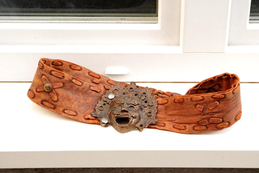 Vintage Folk Art Mask Belt Distressed Leather Tribal Belt Brass Deity Buckle 70s