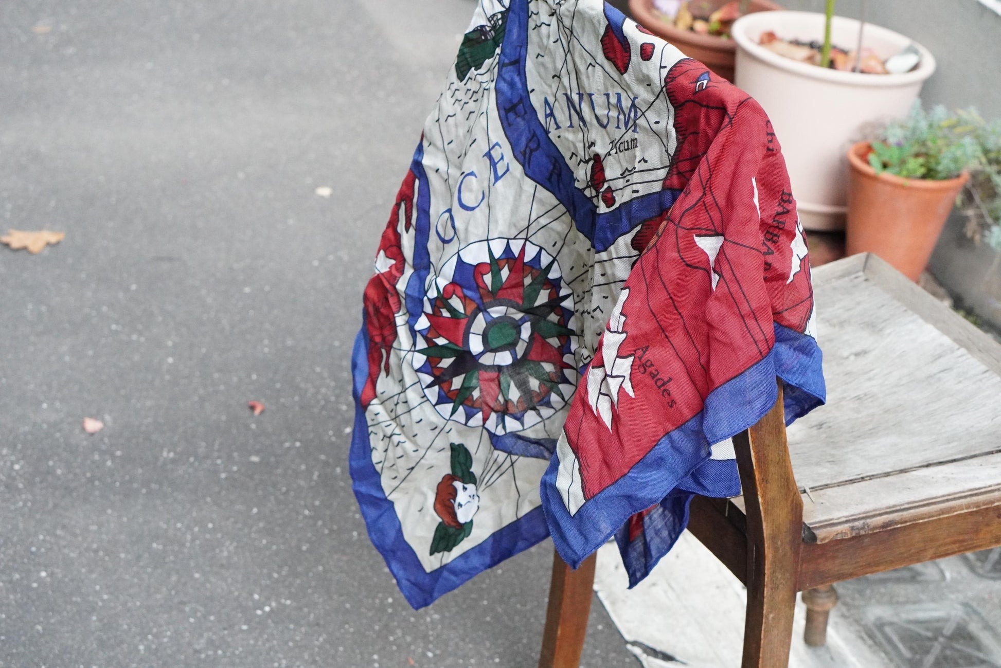 Vintage Nautical Map Scarf 100% Wool Made in Japan Blue Red Maritime World Map