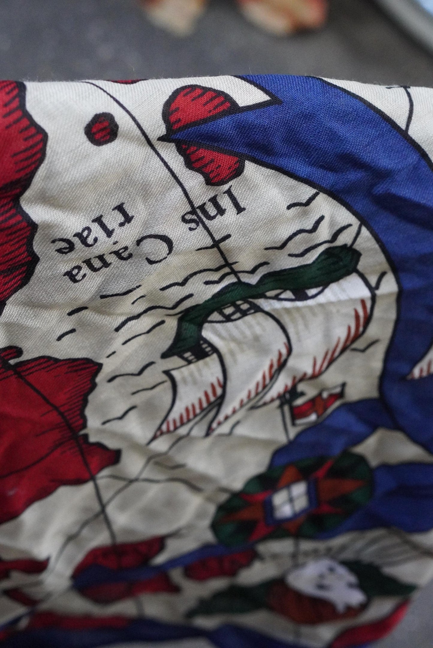 Vintage Nautical Map Scarf 100% Wool Made in Japan Blue Red Maritime World Map