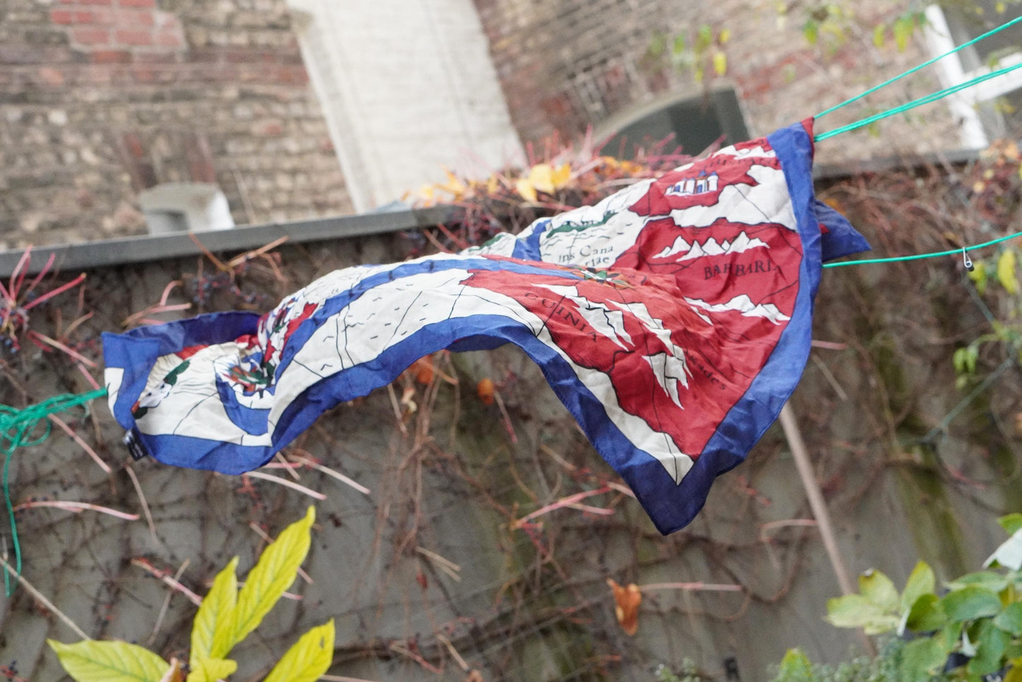 Vintage Nautical Map Scarf 100% Wool Made in Japan Blue Red Maritime World Map