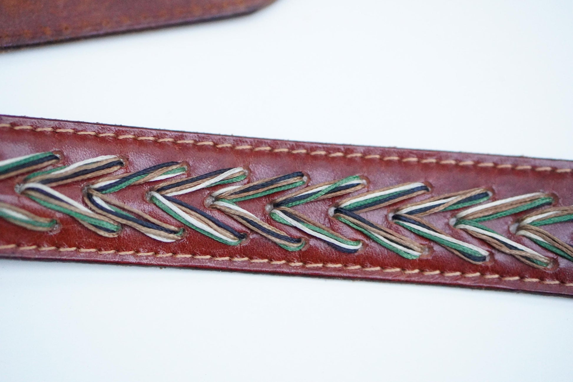 Vintage Western Leather Belt Chevron Embroidered Boho Handcrafted Brown Belt