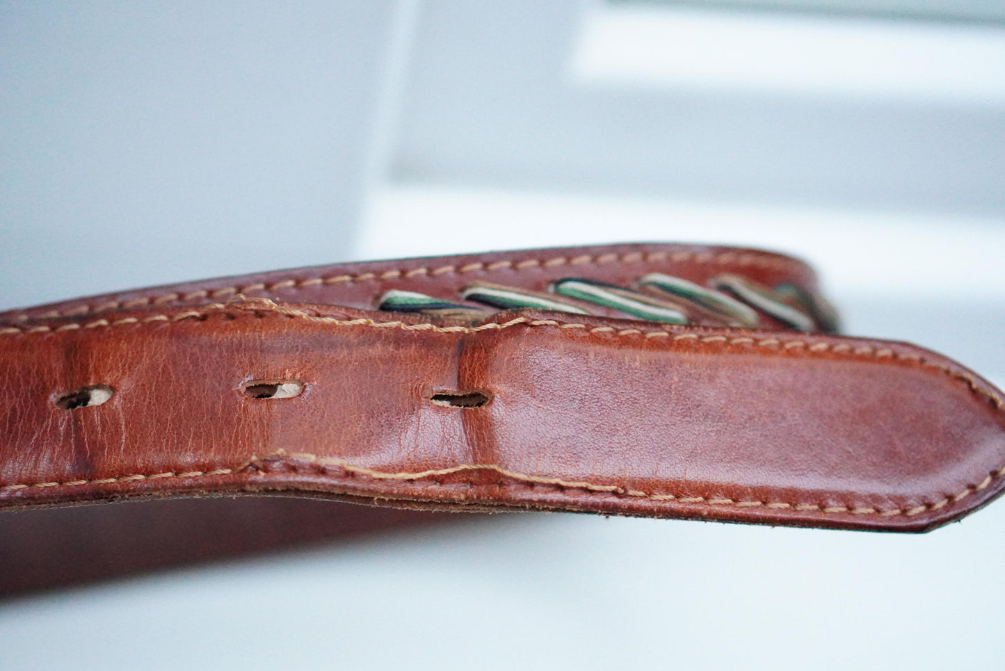 Vintage Western Leather Belt Chevron Embroidered Boho Handcrafted Brown Belt