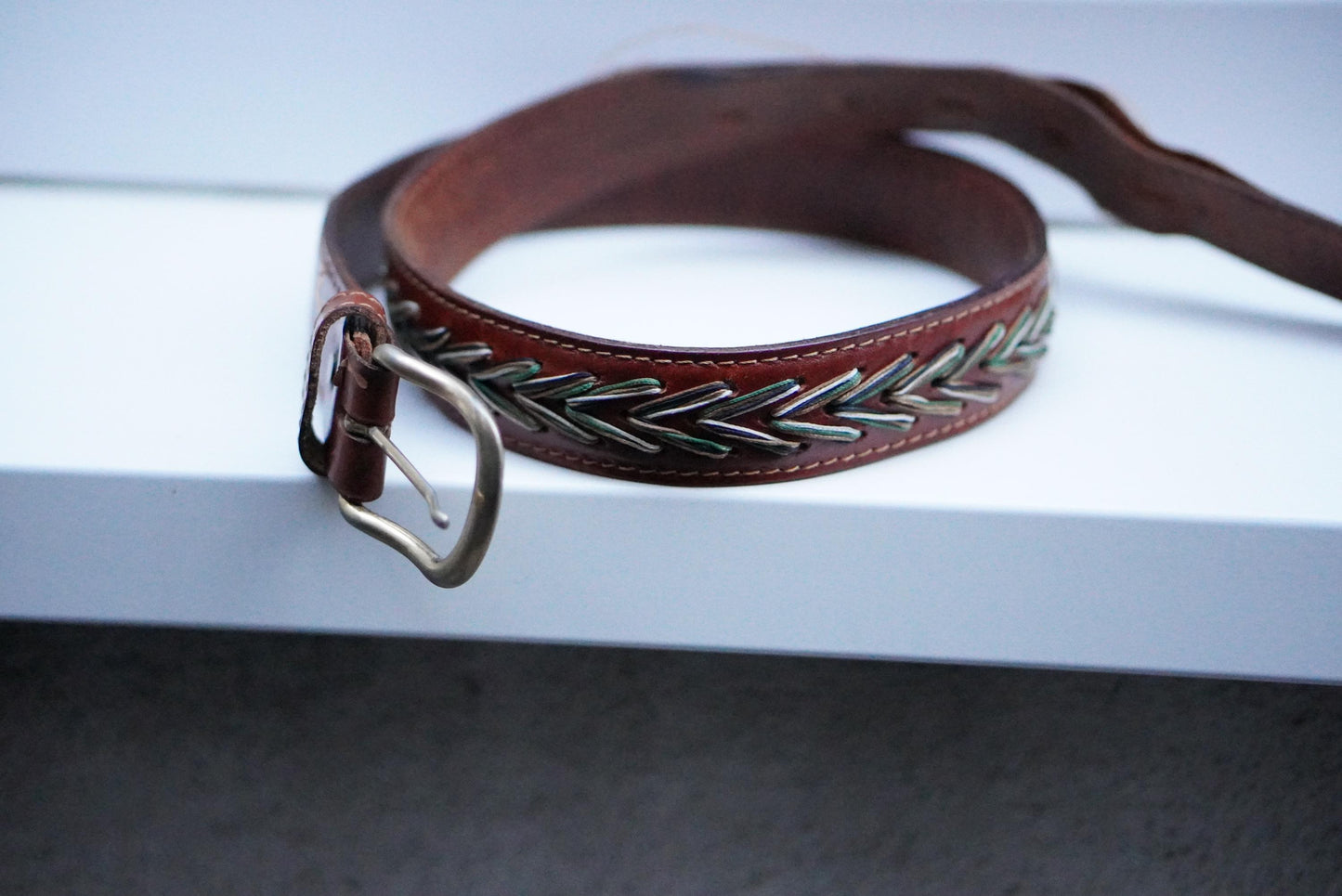 Vintage Western Leather Belt Chevron Embroidered Boho Handcrafted Brown Belt