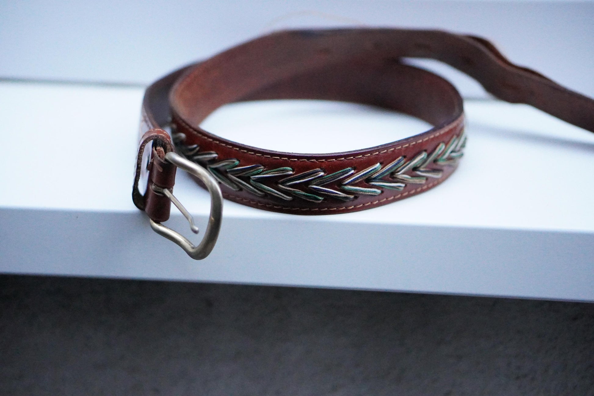 Vintage Western Leather Belt Chevron Embroidered Boho Handcrafted Brown Belt