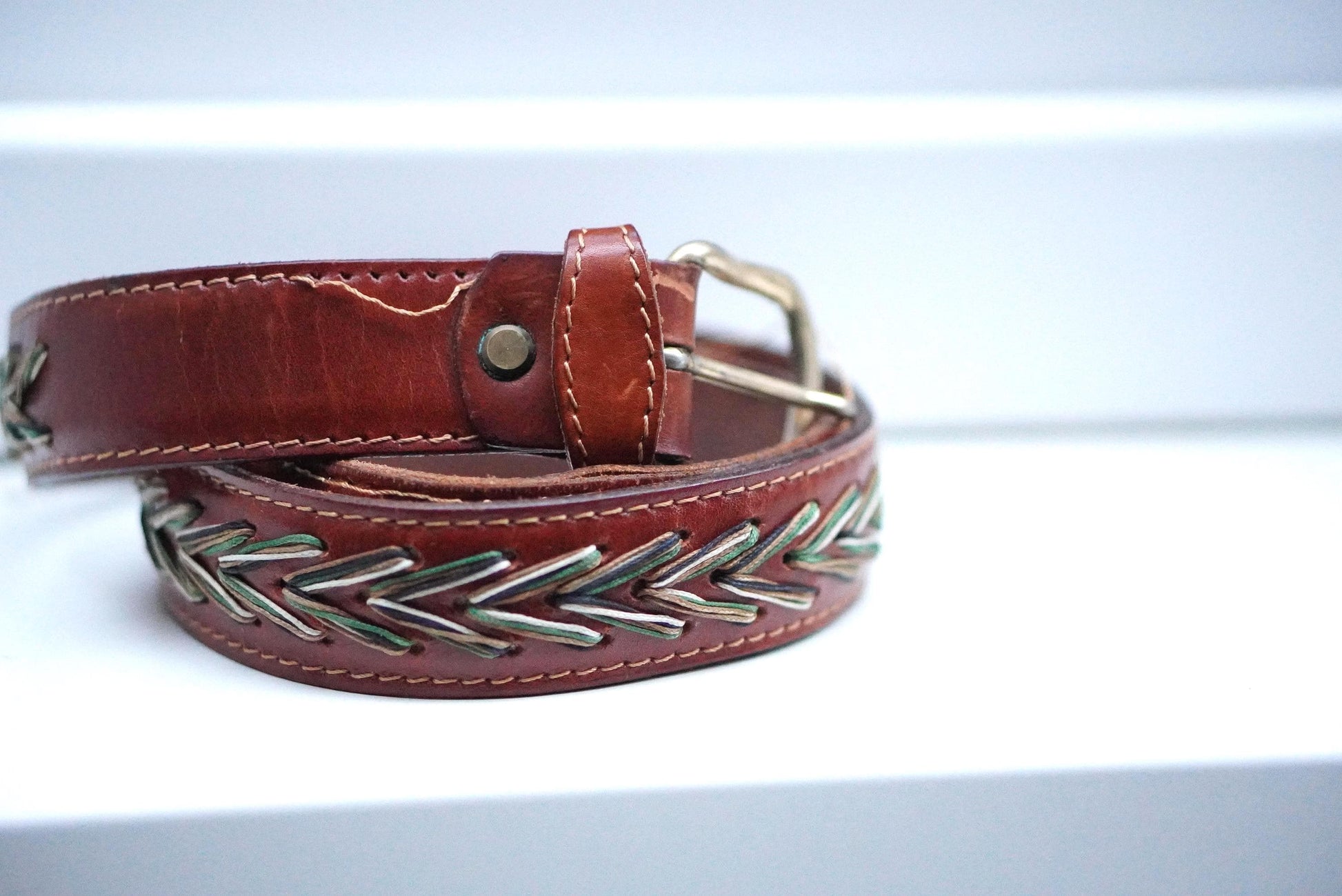 Vintage Western Leather Belt Chevron Embroidered Boho Handcrafted Brown Belt
