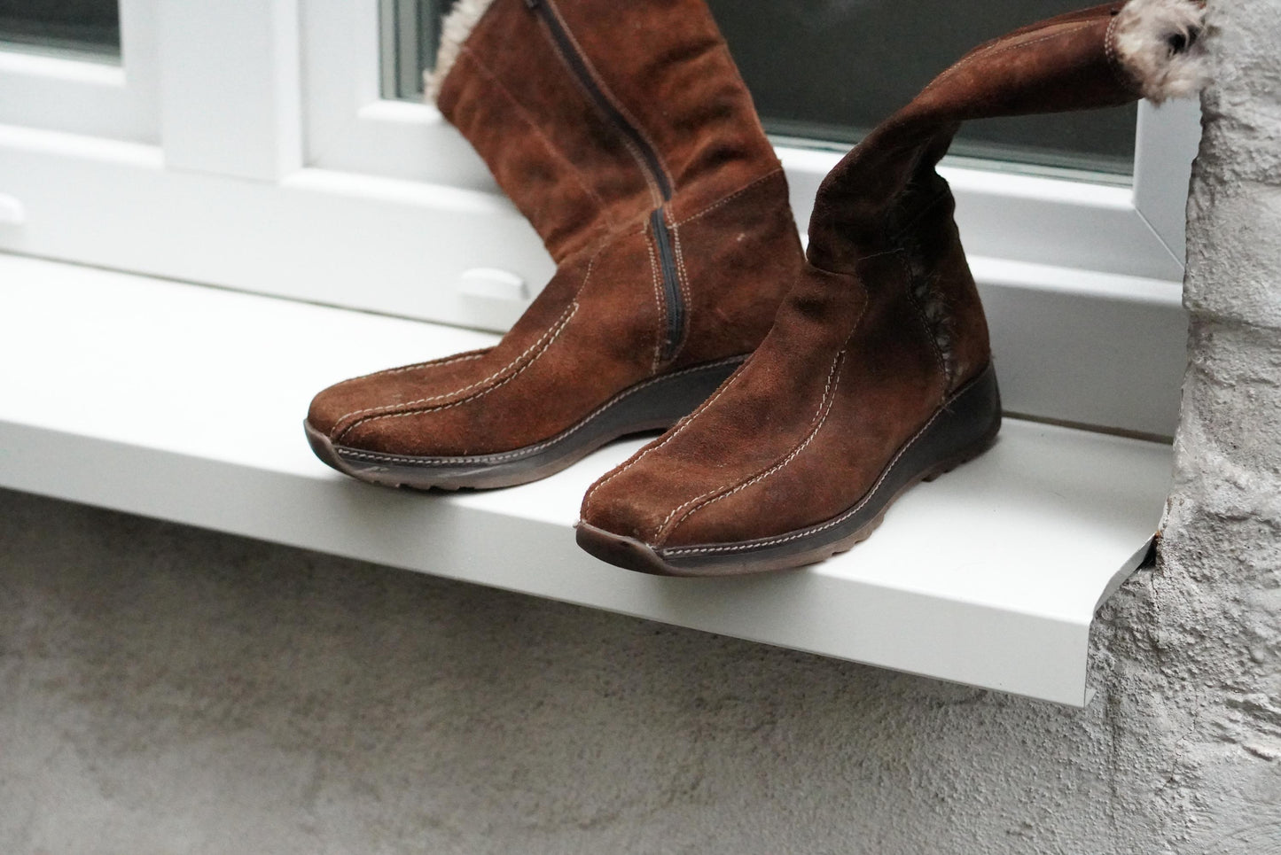 Vintage Brown Suede Faux Shearling Lined Wedge Boots Knee High Winter Size EU38