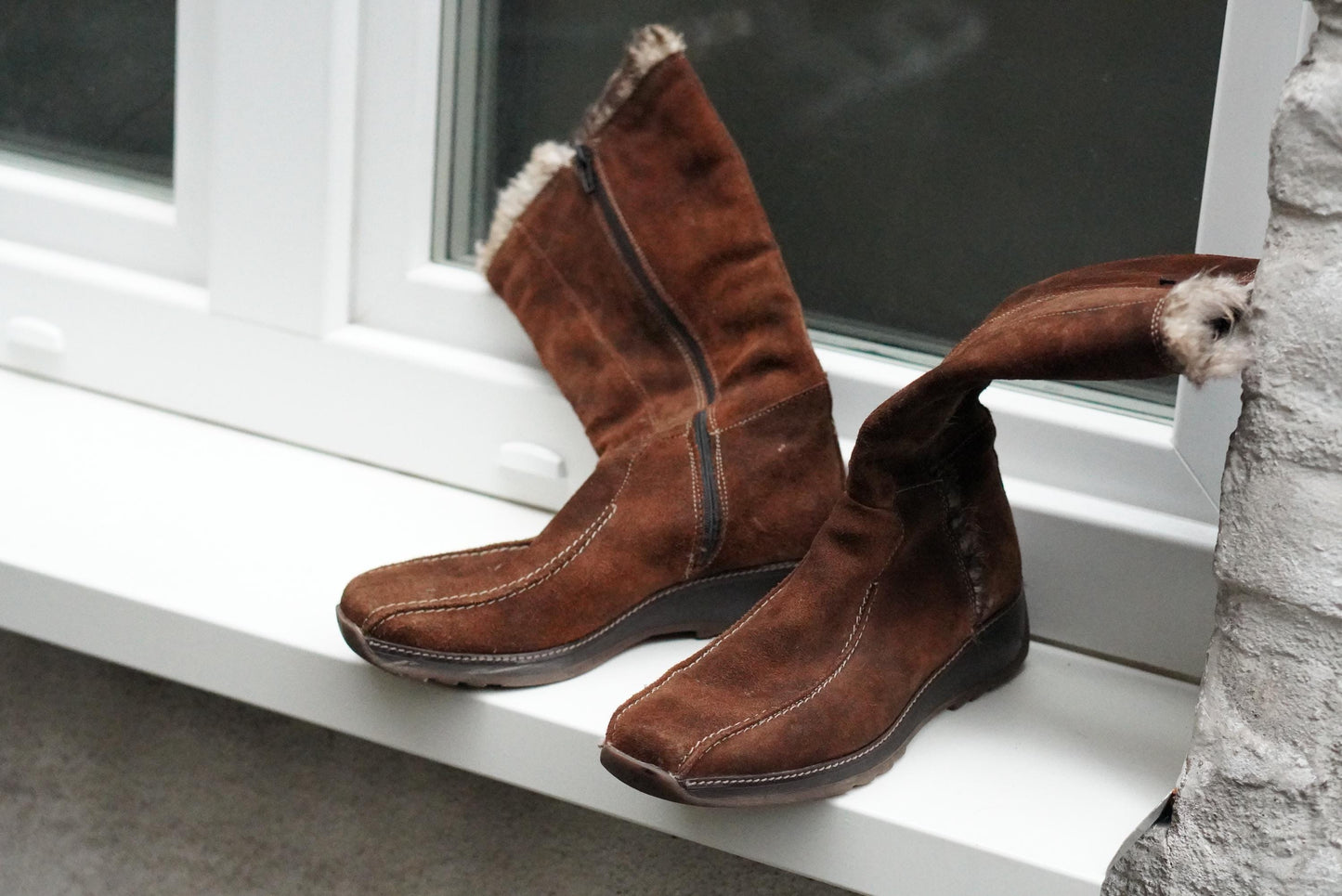 Vintage Brown Suede Faux Shearling Lined Wedge Boots Knee High Winter Size EU38