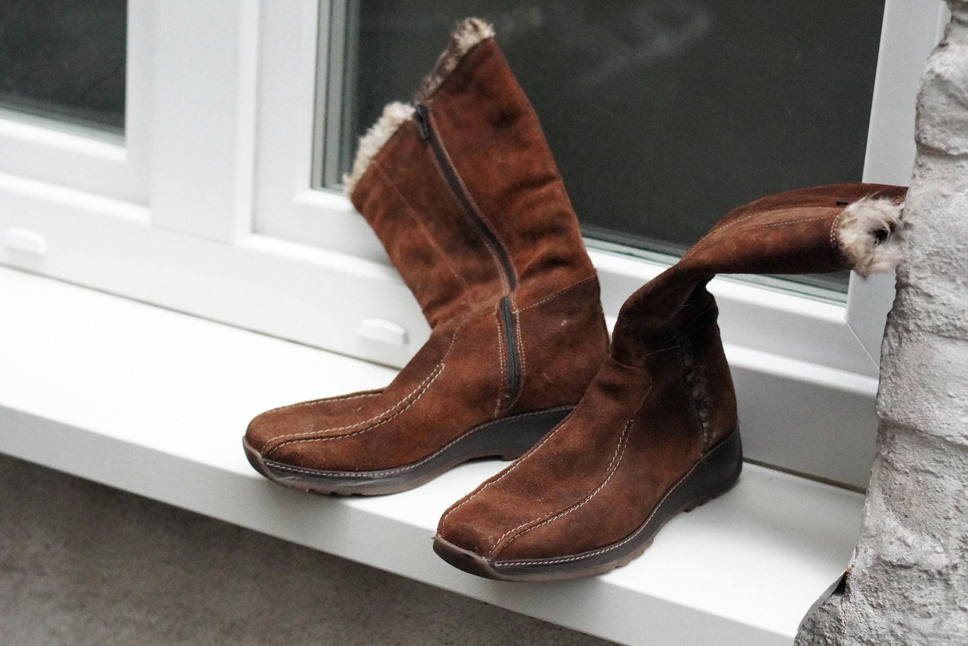 Vintage Brown Suede Faux Shearling Lined Wedge Boots Knee High Winter Size EU38