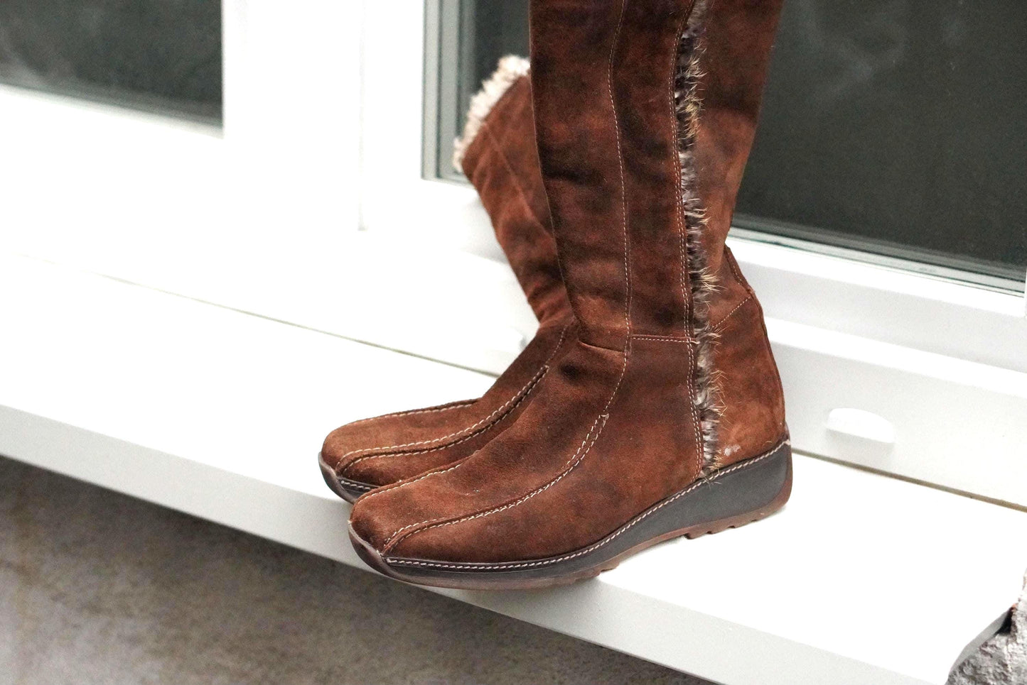 Vintage Brown Suede Faux Shearling Lined Wedge Boots Knee High Winter Size EU38