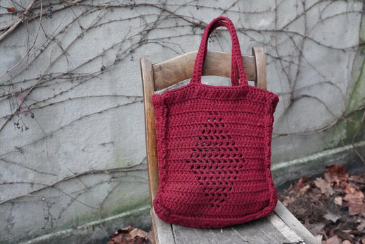 Vintage Crochet Tote Bag| Burgundy Red Knit Shoulder Tote| Diamond Pattern Boho Purse