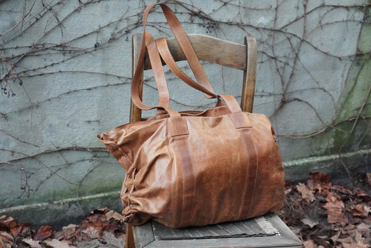Vintage Brown Leather Tote Bag| Soft Leather Weekender with Woven Braid Side Detail