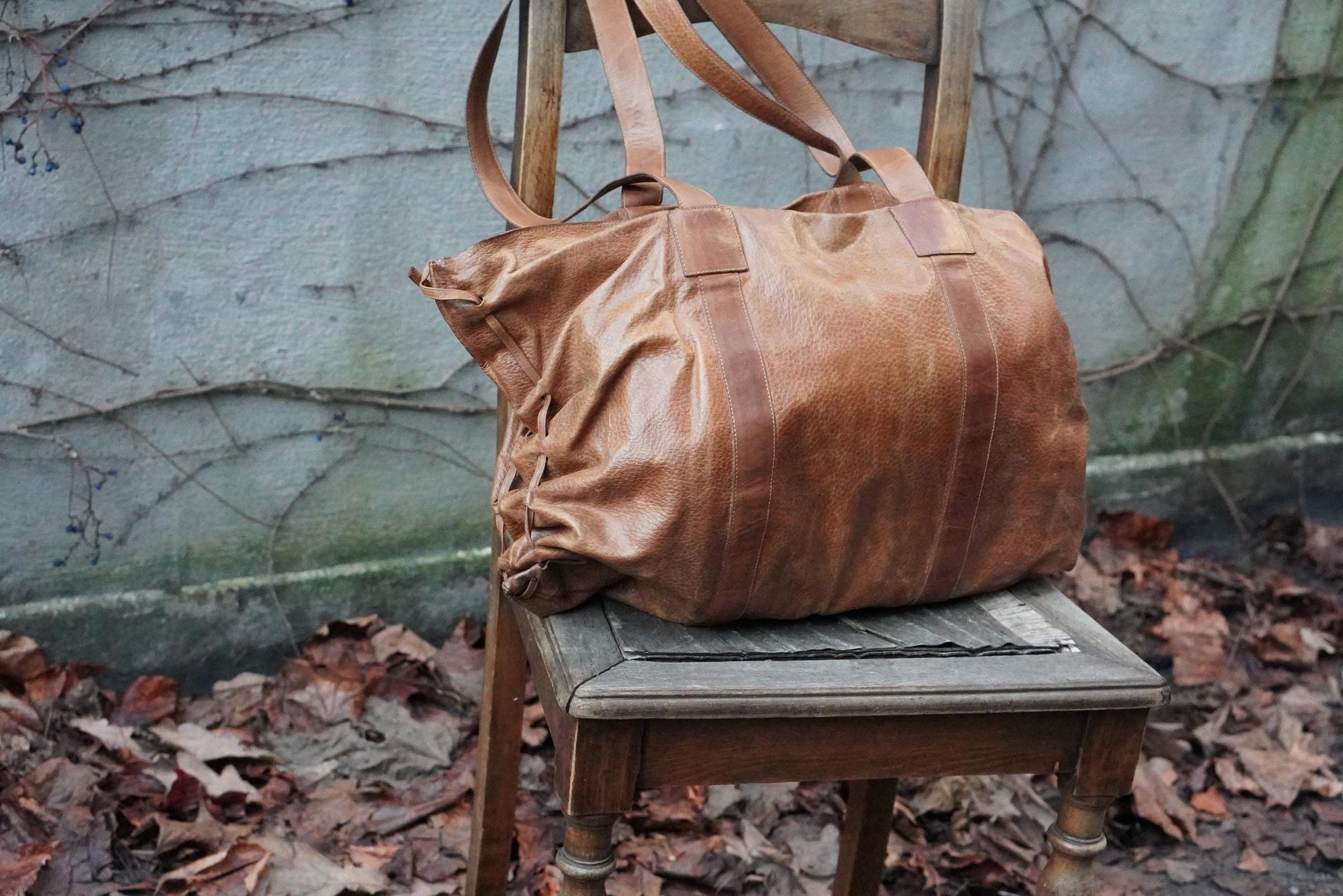 Vintage Brown Leather Tote Bag| Soft Leather Weekender with Woven Braid Side Detail