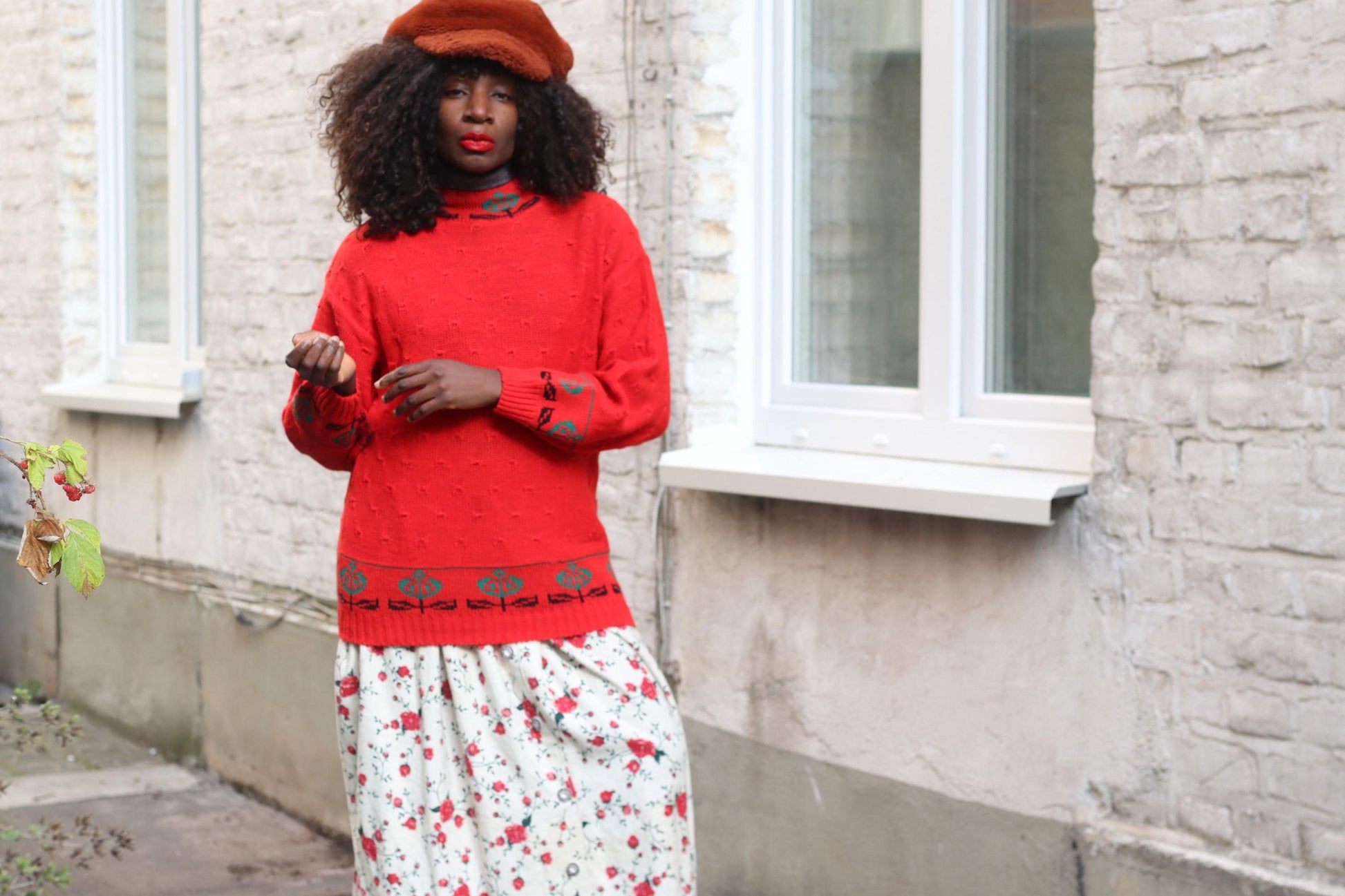 Vintage Red Knit Sweater | 90s Floral Border Oversized Retro Pullover| Boho Flower Pattern Jumper