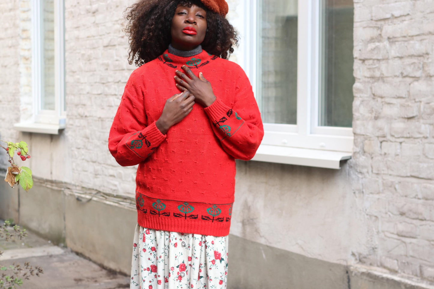 Vintage Red Knit Sweater | 90s Floral Border Oversized Retro Pullover| Boho Flower Pattern Jumper