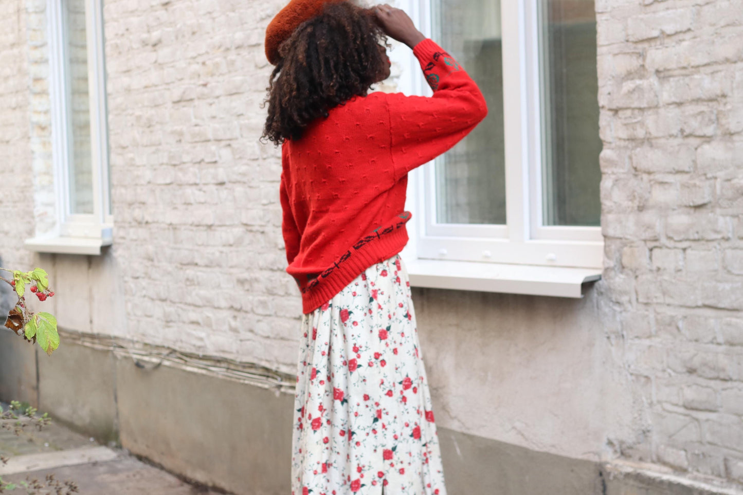 Vintage Red Knit Sweater | 90s Floral Border Oversized Retro Pullover| Boho Flower Pattern Jumper