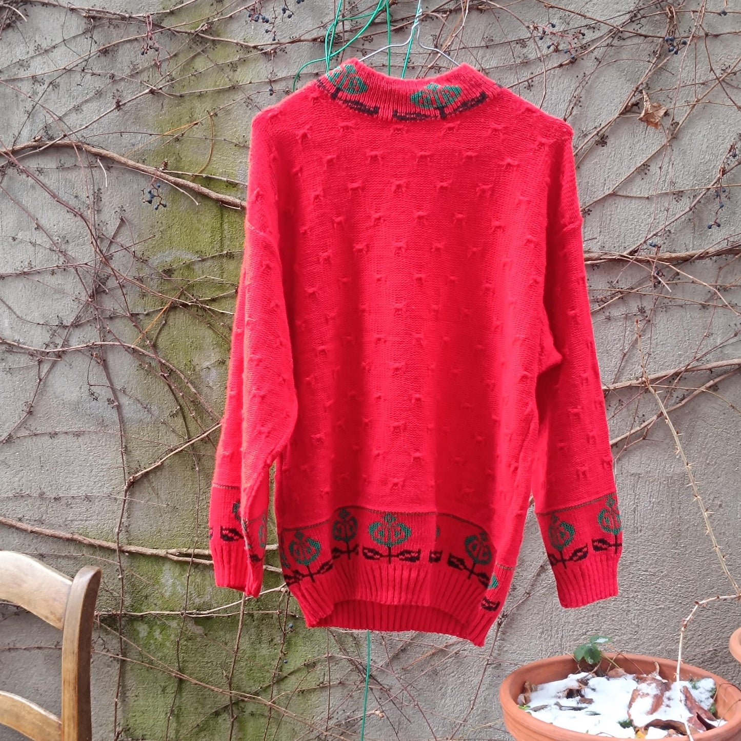 Vintage Red Knit Sweater | 90s Floral Border Oversized Retro Pullover| Boho Flower Pattern Jumper