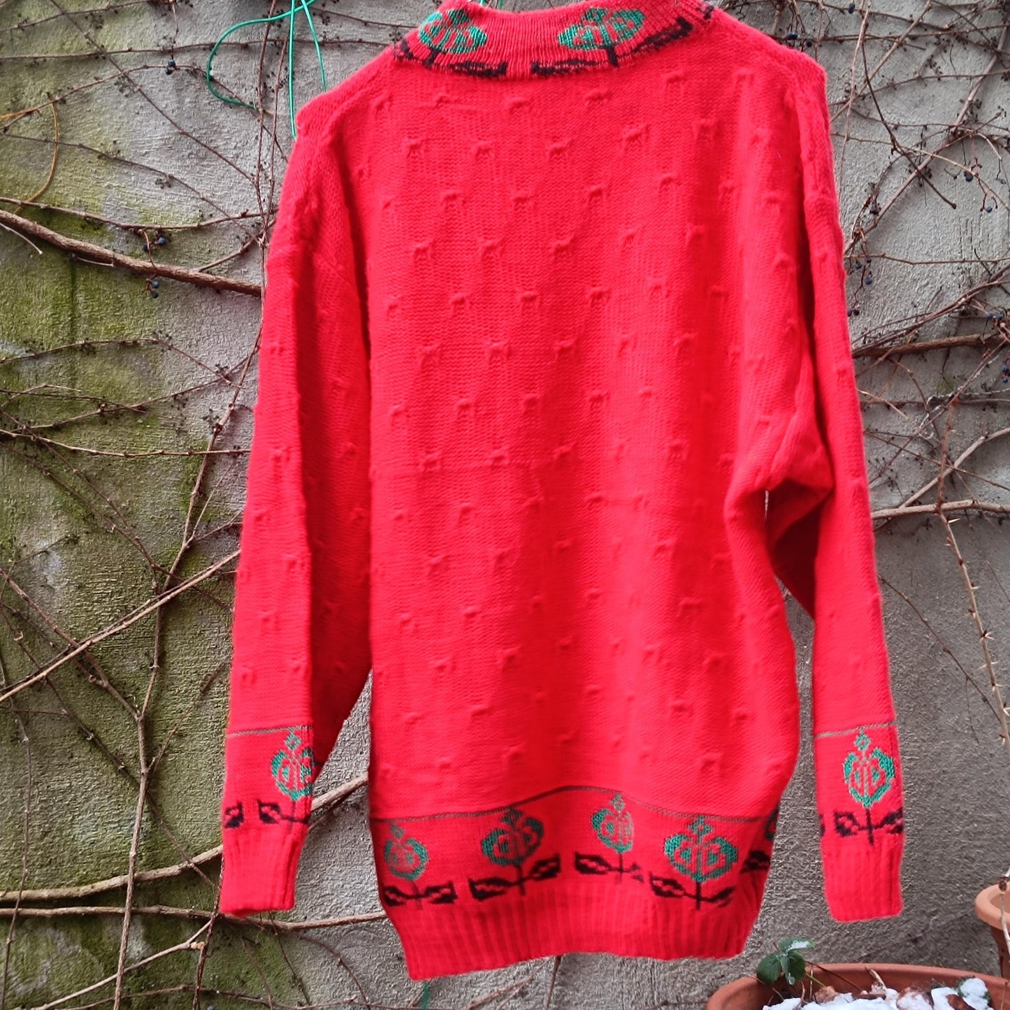 Vintage Red Knit Sweater | 90s Floral Border Oversized Retro Pullover| Boho Flower Pattern Jumper