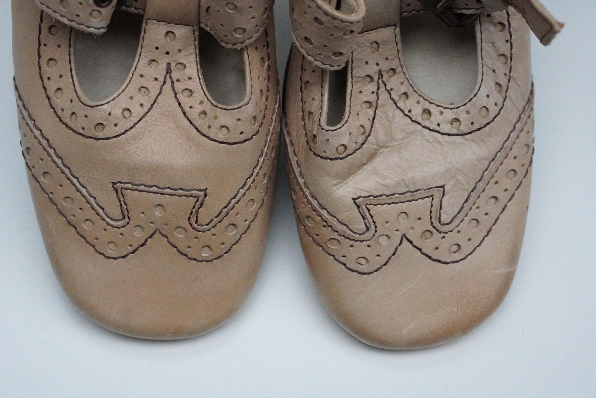Fabiani Vintage Leather T Strap Brogue Heels Nude Pumps EU 36