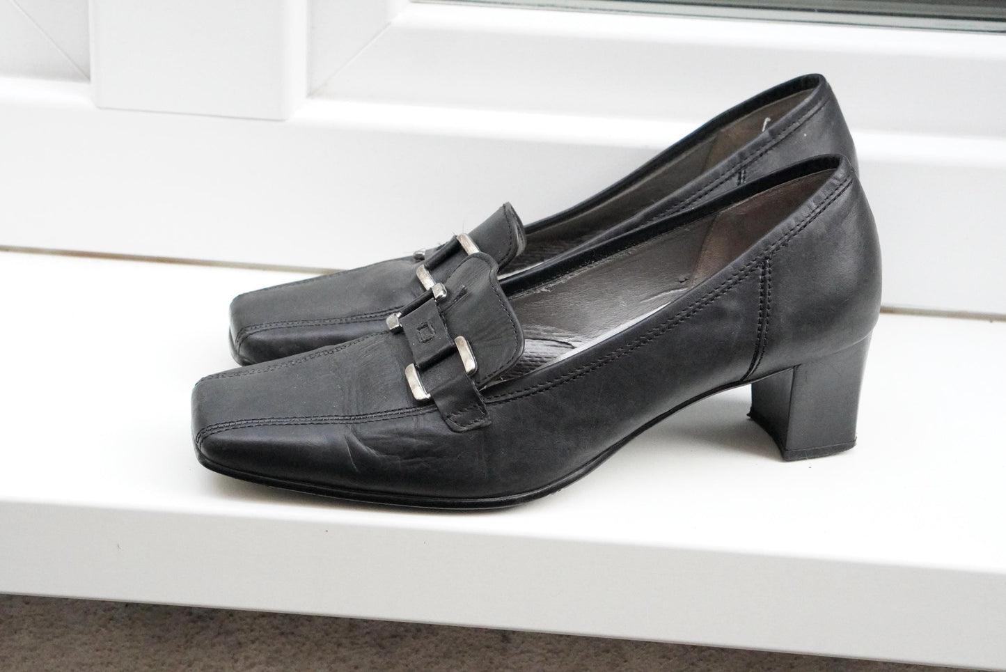 Vintage Gabor Black Leather Pumps Buckle Block Heel Classic Shoes 4.5