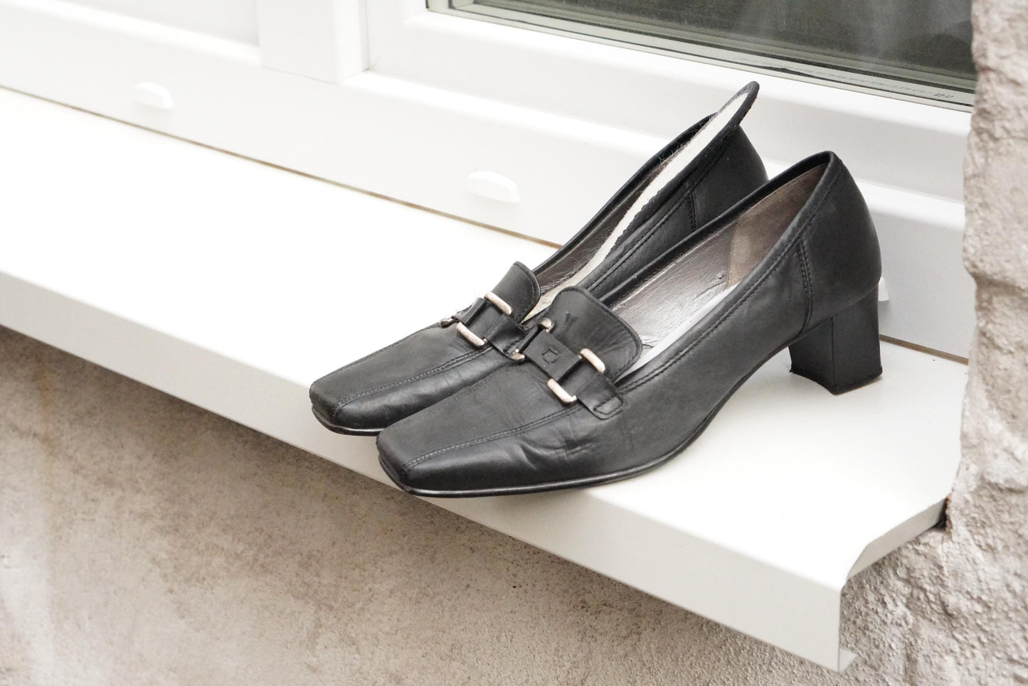 Vintage Gabor Black Leather Pumps Buckle Block Heel Classic Shoes 4.5