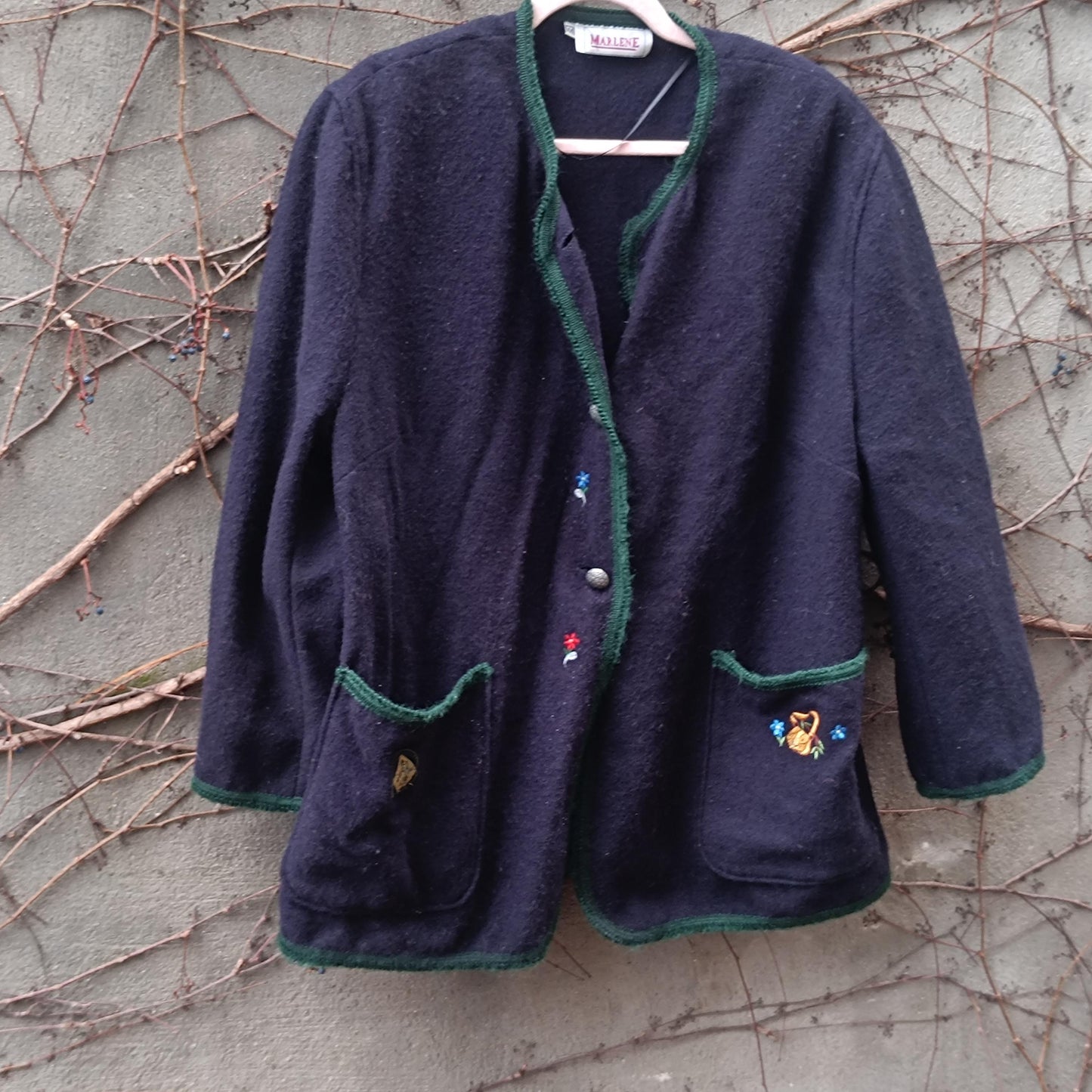 Vintage Boiled Wool Trachten Jacket Marlene Navy Blue Austrian Tyrolean Cardigan