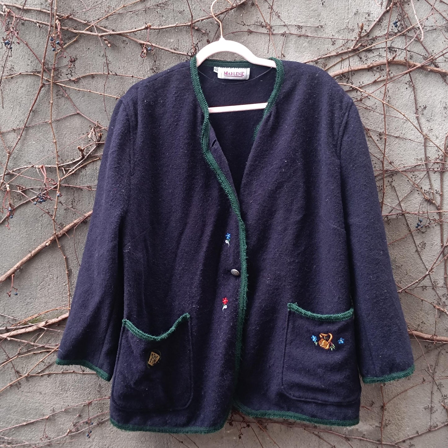 Vintage Boiled Wool Trachten Jacket Marlene Navy Blue Austrian Tyrolean Cardigan