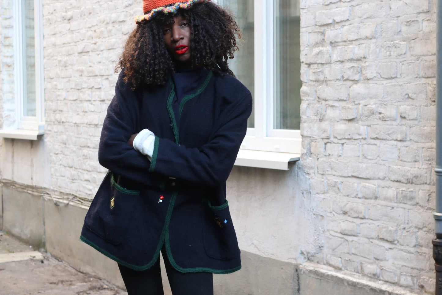 Vintage Boiled Wool Trachten Jacket Marlene Navy Blue Austrian Tyrolean Cardigan
